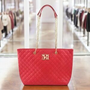 Badgley Mischka Large Quilted Tote with Chain Detail-Summer Red NWT
